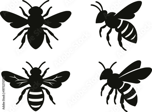 Bee and wasp multiple poses silhouette vector illustration set