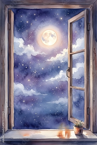 Watercolor Window View of Full Moon and Starry Night Sky