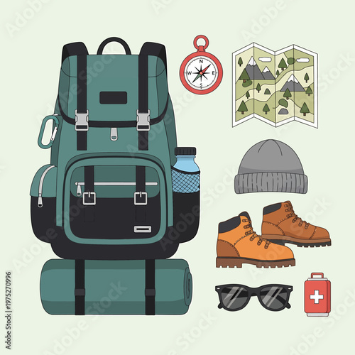 Detailed vector graphic illustration showing essential camping gear items including a large hiking backpack compass map boots and survival equipment