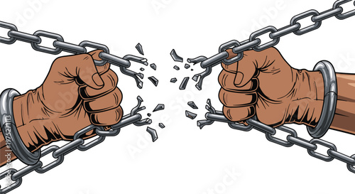 Strong hands breaking metal chains symbolizing freedom liberation strength resilience overcoming oppression struggle human rights concept illustration isolated on white background vector style