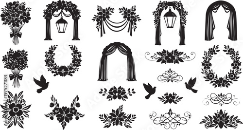 Wedding decorations and floral arrangements in black and white