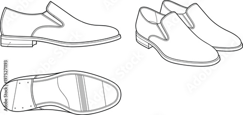 A technical illustration showcases a pair of classic men s slip on loafers from multiple angles including a sole view high quality professional
