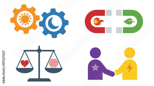 Abstract icons representing concepts of balance, duality, collaboration, and human interaction, featuring gears, magnets, scales, and figures.