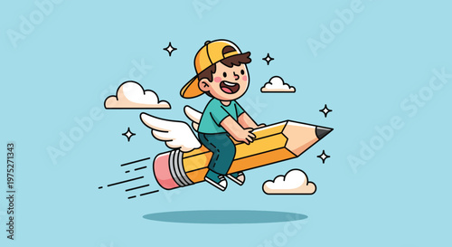 Boy Riding a Flying Pencil with Wings Through Clouds.