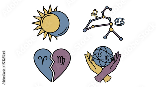 A collection of four astrological illustrations featuring celestial bodies, zodiac constellations, a broken heart with signs, and hands holding a zodiac globe.