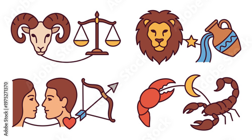 A collection of  illustrations depicting various astrological zodiac signs and their associated symbols, including Aries, Libra, Leo, Aquarius, Gemini, Sagittarius, Cancer, and Scorpio.