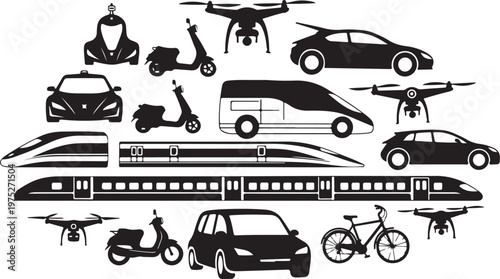Various Transportation Vehicles and Modes of Travel Icons Set