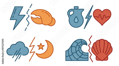 Illustrative icons showing broken connections between natural phenomena, human biology, and celestial bodies.