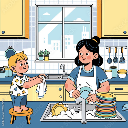 Happy mother and small child cleaning kitchen plates together in this colorful vector illustration for home and family lifestyle concepts