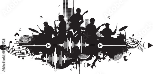 Music Silhouettes with Sound Wave and Musical Instruments