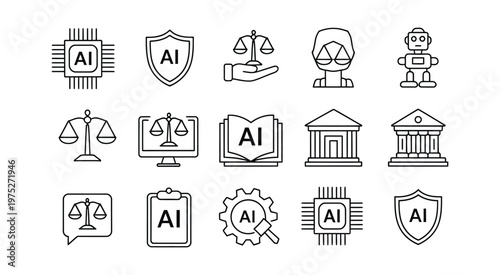 AI and law icon collection, vector set featuring scales of justice, ai symbols, legal documents and robots for legal technology applications.