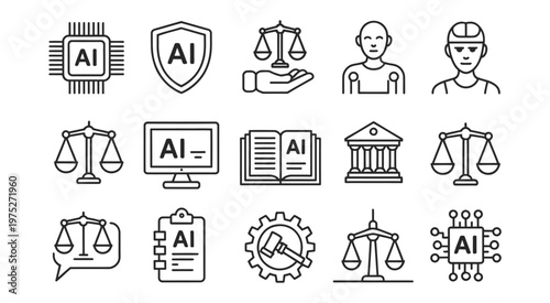 AI and law icon collection, vector set featuring scales of justice, ai symbols, legal documents and robots for legal technology applications.