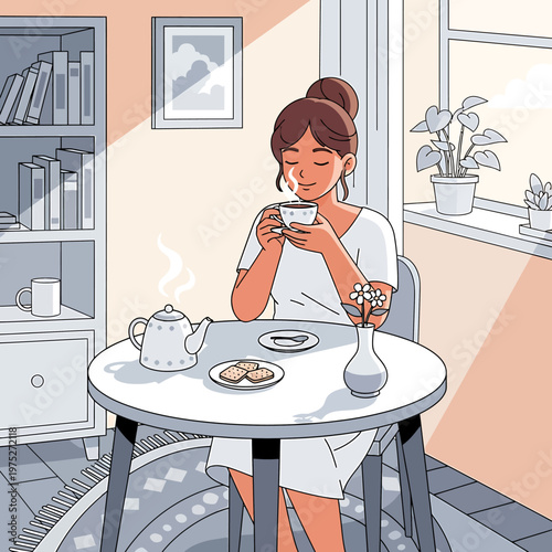 Young woman enjoying a warm cup of coffee while sitting at a small table in this colorful flat vector illustration