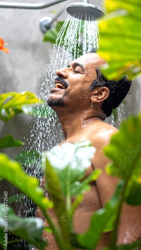 A man, smiling, stands beneath a showerhead, water cascading down his face and torso. Lush green plants frame the scene