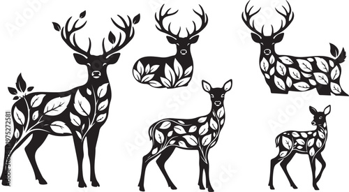 Deer Silhouettes with Floral Patterns in Black and White