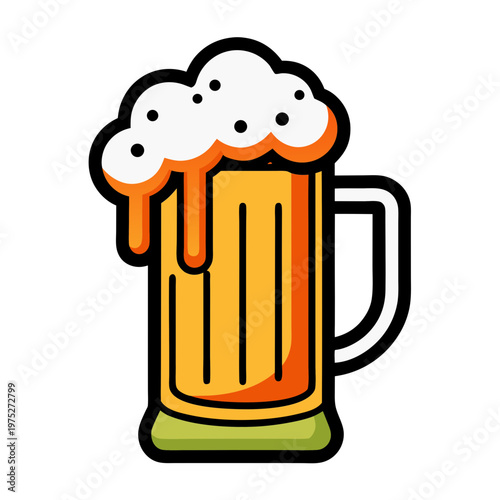 Flat beer mug icon with overflowing foam, cold lager glass vector illustration, golden ale pint with thick white head for pub and bar menus