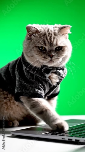 A cute fluffy cat wearing a small grey shirt while sitting at a desk and using a modern portable computer