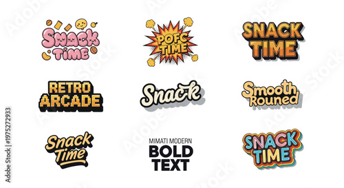A colorful collection of retro style text designs proclaiming snack time featuring various fonts and graphic elements high quality professional detailed modern elegant
