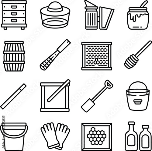 Beekeeping and honey icons set, hive tools jar dipper beekeeper equipment vector illustration isolated farm apiary design elements collection