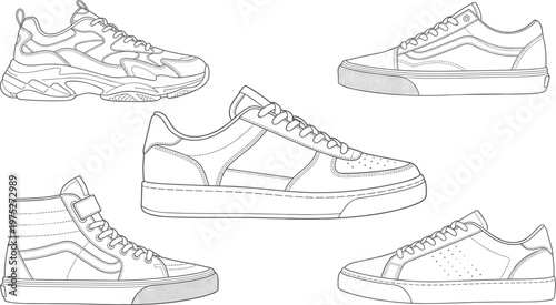A collection of five different shoe designs are displayed as line drawings showcasing varying styles and silhouettes high quality professional detailed modern elegant