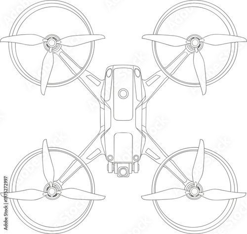 A detailed line drawing showcases a modern quadcopter drone with four rotors a central body and a camera gimbal high quality professional elegant