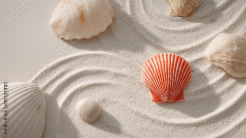 Soft white sand seashell ripple pattern, minimal beach still life composition with single coral accent shell evoking calm coastal travel mood.