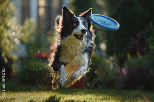 Border collie dog frisbee jump athletic backyard grass playful energetic border collie dog leap toward flying disc suburban garden with warm light.