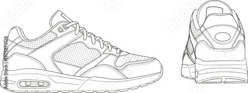 Detailed line drawing showcases a pair of retro style running sneakers from side and rear views emphasizing design high quality professional detailed modern