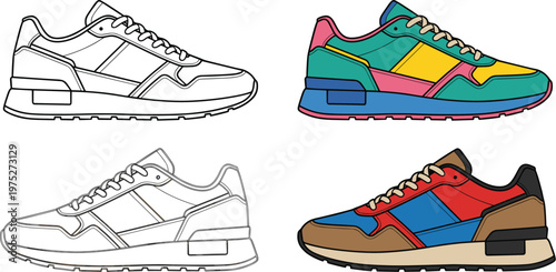 A visual depiction showcases two distinct styles of running shoes one in monochrome and the other vividly colored high quality professional detailed modern