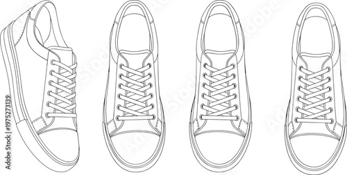 A minimalist black and white line drawing showcases four identical canvas sneakers arranged in a symmetrical top down view high quality professional detailed