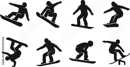 A collection of eight black silhouette figures depicts various snowboarding poses and stunts against a stark white background high quality professional detailed modern
