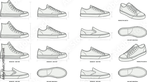 A technical illustration displays various types of casual sneakers and footwear from side and top views with dimensions high quality professional detailed modern