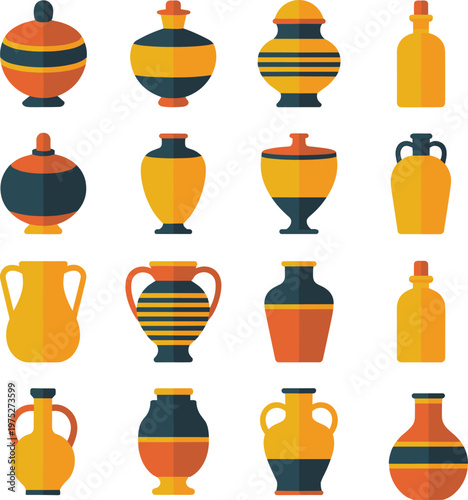 Decorative ceramic vase icons set, colorful pottery collection, antique amphora jars illustration, traditional home decor vector elements isolated background