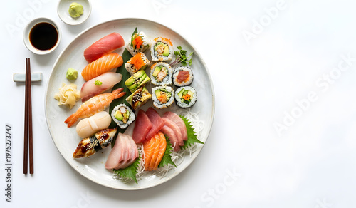 Assorted sushi platter with various types arranged artistically.