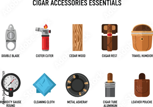 Essential cigar accessories for a refined smoking experience, including cutters, humidors, and ashtrays