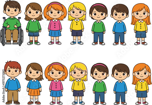 Diverse Children Character Collection Featuring Boys and Girls in Casual Clothing, Including a Child in a Wheelchair for Inclusive, Playful, and Educational Designs