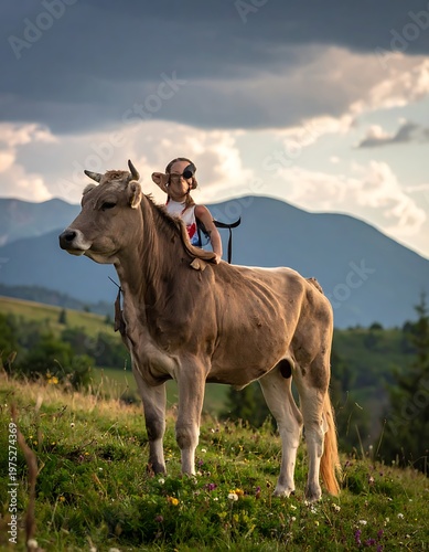A man wearing sunglasses rides a cow in a grassy field with mountains in the background under a cloudy sky