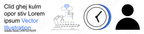 Automation, time management, user interface, robotic processes, productivity, digital systems. Industrial robot assembly line, clock symbol person icon. Automation and time management