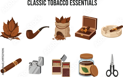 Collection of Classic Tobacco Essentials and Smoking Accessories Isolated on White Background