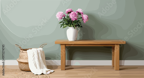 Cozy home interior vector illustration with wooden bench vase of flowers wicker basket and blanket minimal aesthetic living room decor