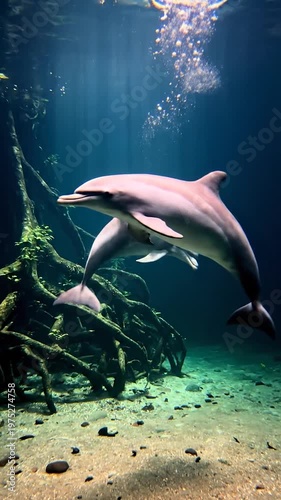 Two dolphins swim together underwater near submerged tree roots in a deep blue ocean environment