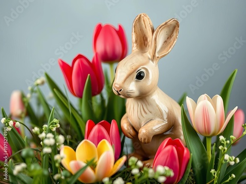 Painted ceramic bunny figurine with a subtle, aged patina sits amongst vibrant, freshly bloomed tulips and delicate greenery,  figurine,  home