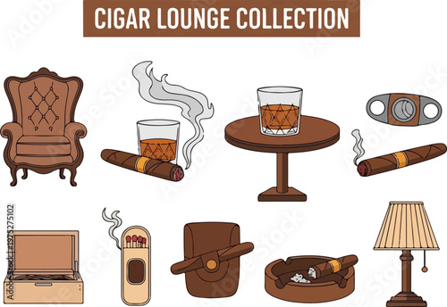 Collection of cigar lounge items including furniture, drinks, and smoking accessories