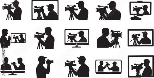 Silhouettes of photographers and videographers at work with cameras