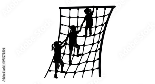 Children climbing on a rope net silhouette, playground fun, outdoor activity