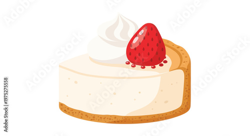Delicious cheesecake slice topped with fresh strawberry and whipped cream, isolated on white.