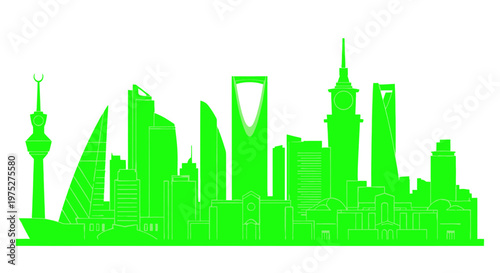 Green Neon Skyline Silhouette of Riyadh, Saudi Arabia