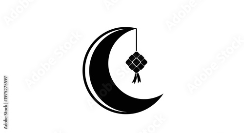 Islamic crescent moon with ketupat ornament, Ramadan and Eid al-Fitr celebration symbol