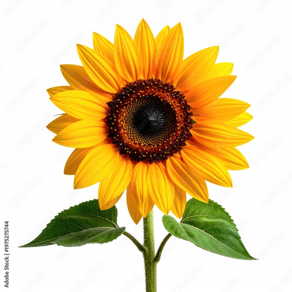 Obraz premium Vibrant close-up of a single yellow sunflower blossom with a detailed brown center isolated against a clean white background in studio lighting