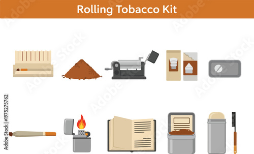 Collection of essential accessories and tools for rolling tobacco, presented as a flat design graphic